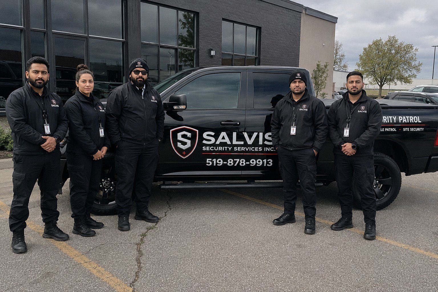 Salvis Security team beside a marked security patrol vehicle